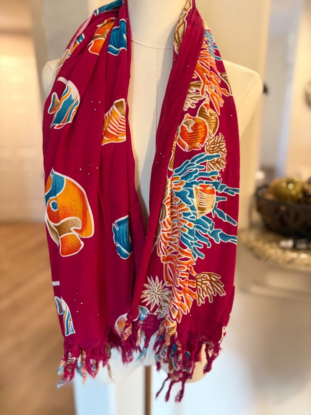 Women's Magenta Fish Scarf / Shawl with Raw Edges